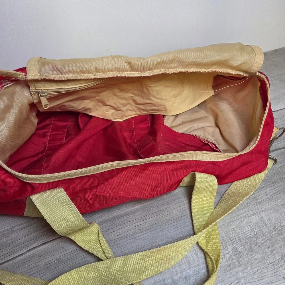 Vintage US Sport Red Nylon Duffel Bag Gym Travel Weekender Tan Straps 80s Korea